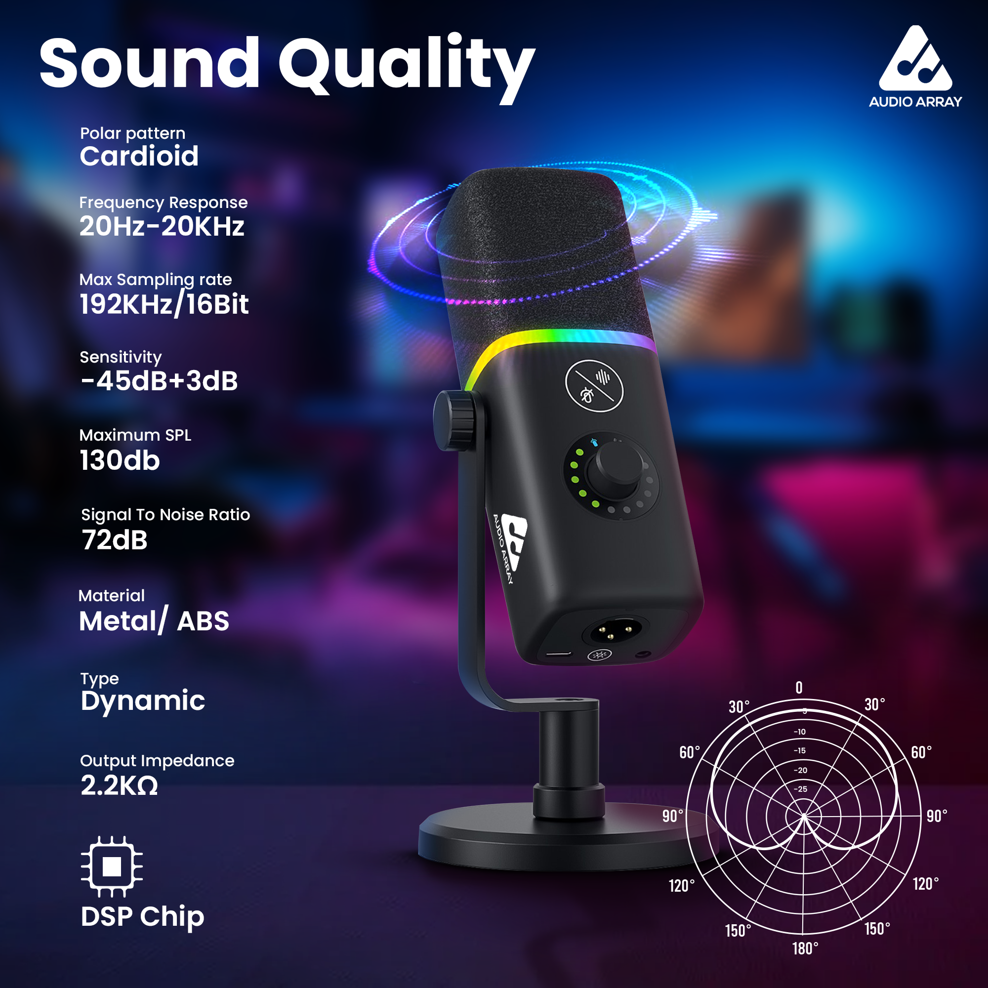 Audio Array AM-C45 XLR/USB Professional RGB Dynamic Podcast Microphone | Streaming, Podcasting, Singing