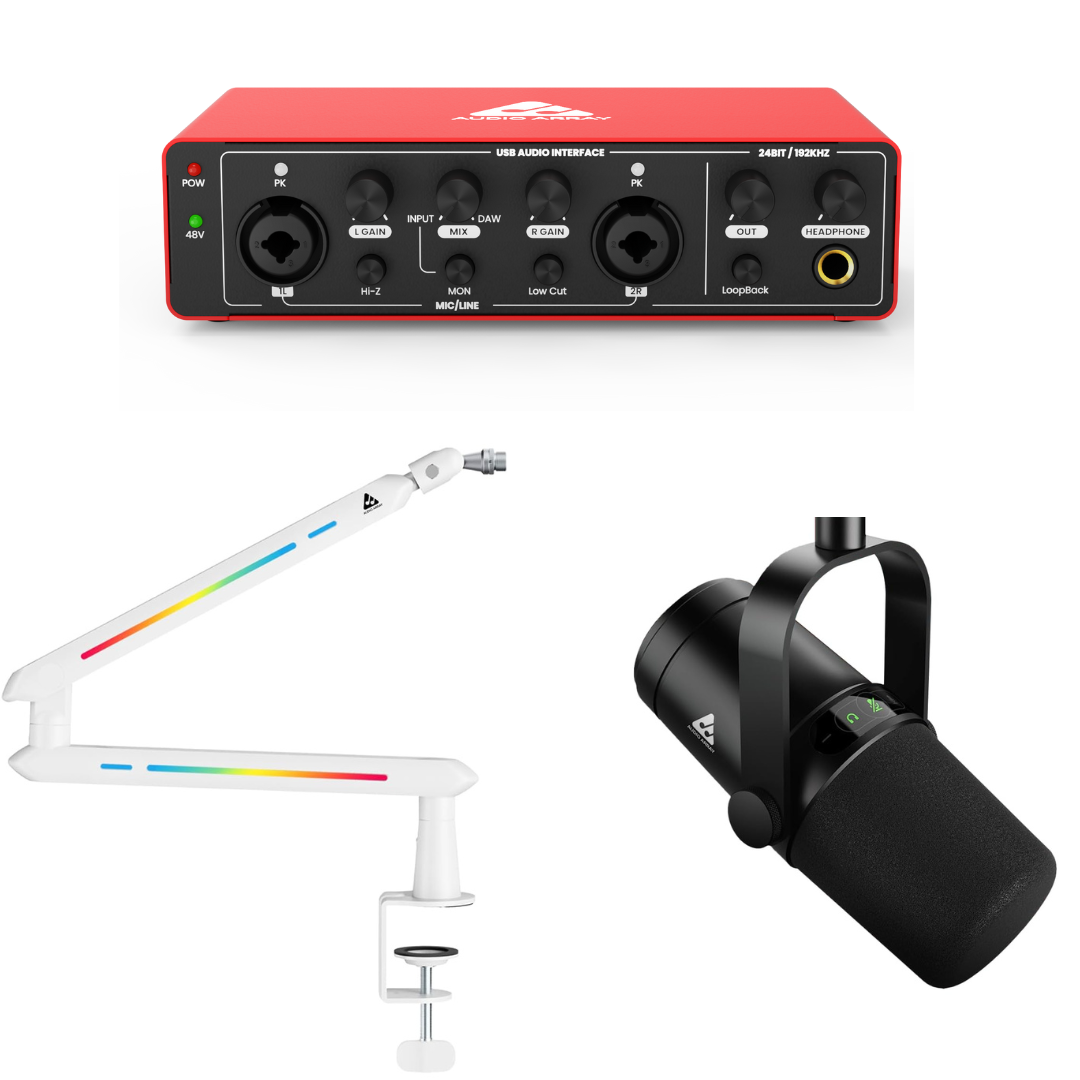 Podcasting Setup - Audio Interface, Dynamic Microphone & Boom Arms