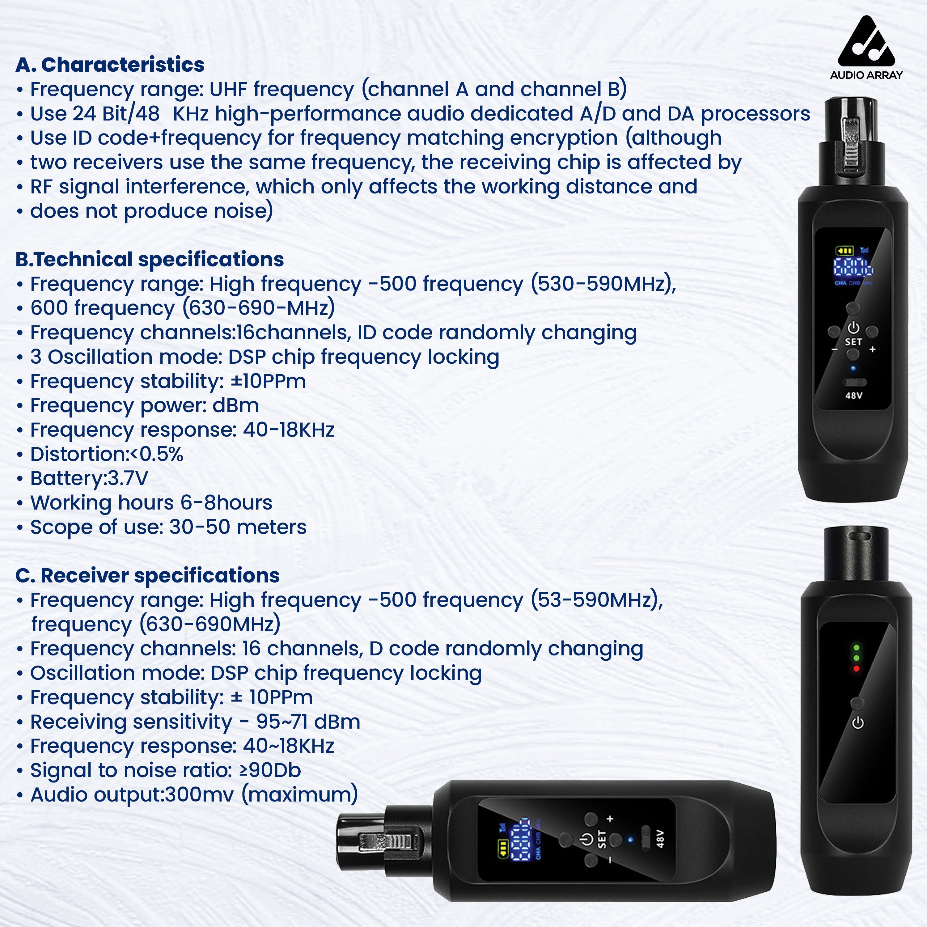 Audio Array Dual Wireless Mic Transceiver | UHF Wireless Audio System | 24Bit/48kHz Audio | W3